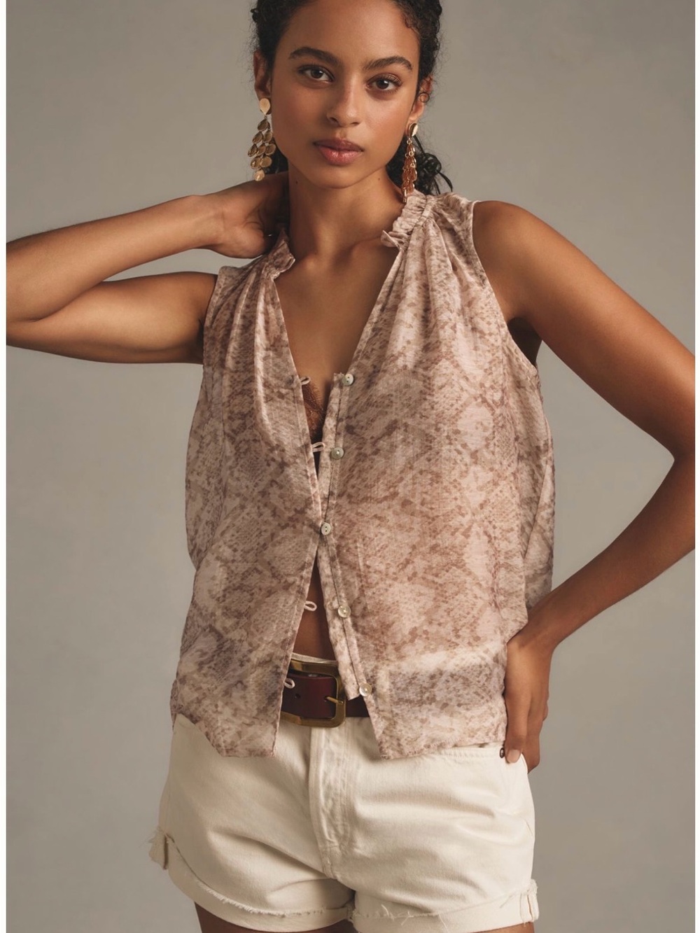 cloth & stone Blush & tan Sleeveless Snake-Print Button Front Blouse